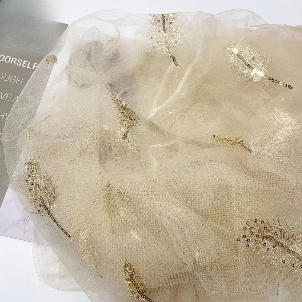 Bead Embroidered Flower Cloth In Stock, Long Spike Champagne Gold Feather Light Childr Gauze Skirt, Lace Mesh Embroidered Fabric