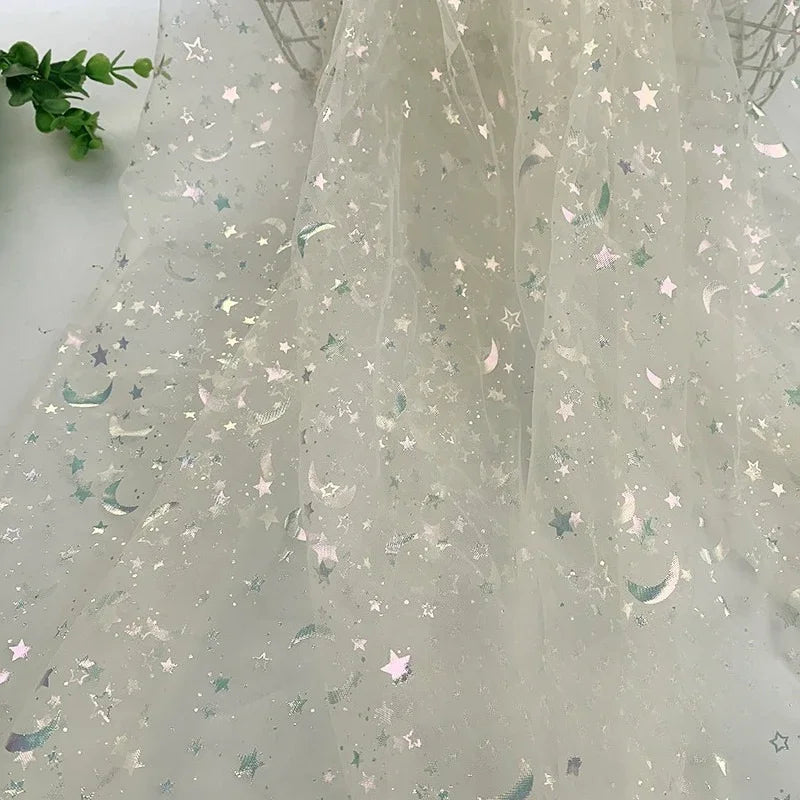 Dreamy Mesh Fabric For Children In Princess Style With Colored Star And Moon Printed Pattern Suitable For Wedding Dress Designer