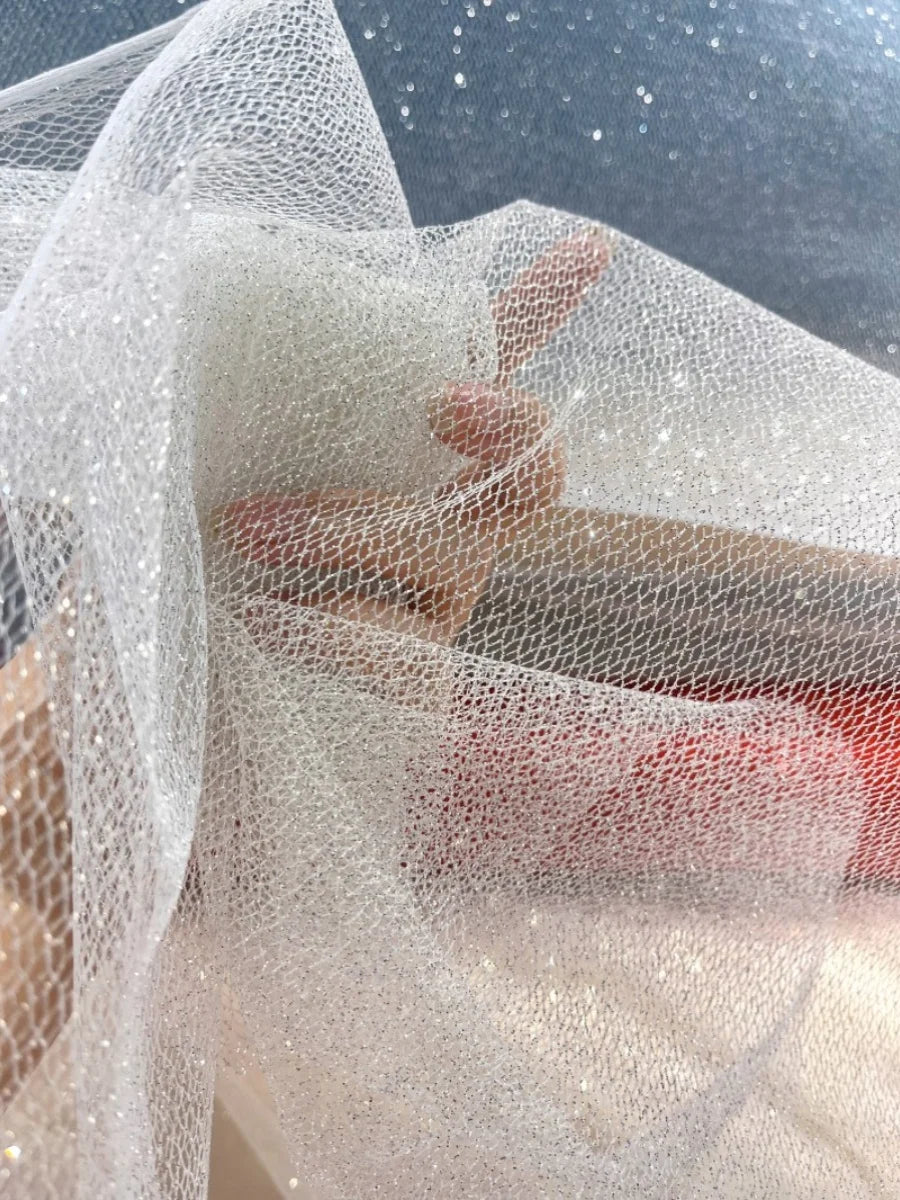 Tela de malla fina con destellos en aerosol plateado brillante para vestido de novia, tela para decoración de fondo DIY