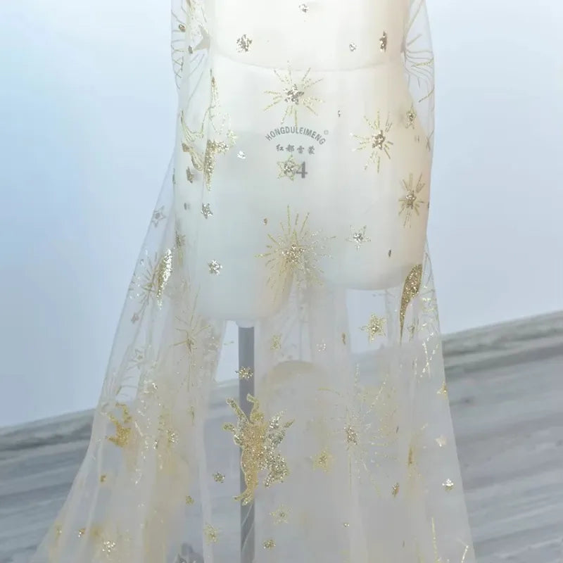 Golden Seahorse Moon Embroidery Mesh Fabric - Hot Fix Powder Material 130cm