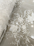 Tela de encaje con lentejuelas y flores tridimensionales 3D, hecha a mano, para vestido de novia, falda, accesorios de bricolaje hechos a mano