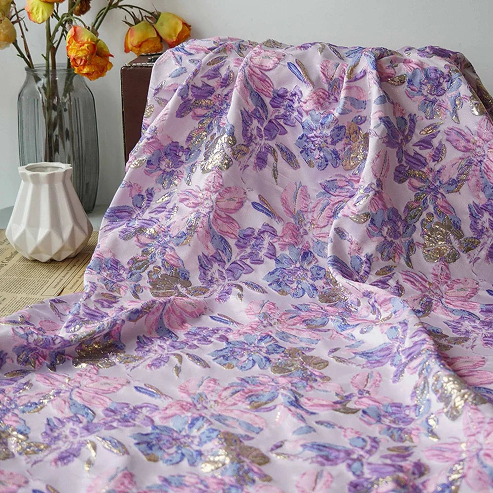 Pink Purple Floral 3D Relief Jacquard Brocade - Evening Gown Coat Dress Curtain Fabric