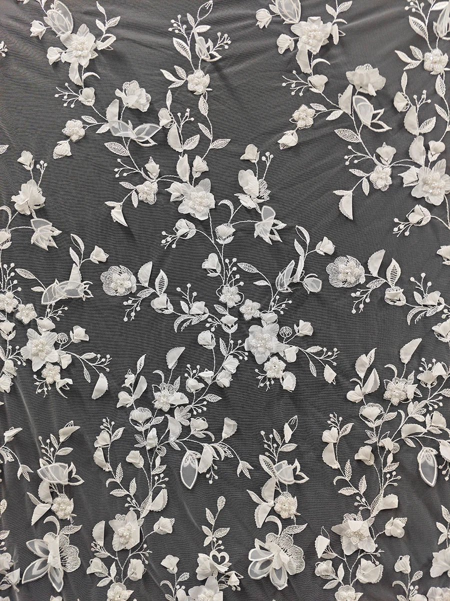 Tela de malla suave para vestido de boda, con bordado tridimensional de flores y cuentas de uñas en blanco crudo