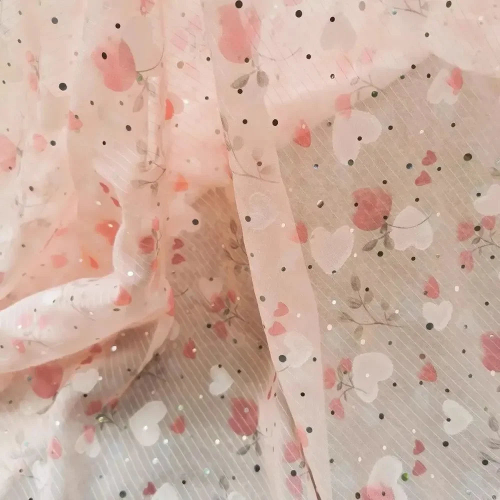 Pink Gold Embroidered Chiffon Fabric Small Floral Lace Hanfu Style Material for Half Length Dress Costume Blouse DIY Sewing