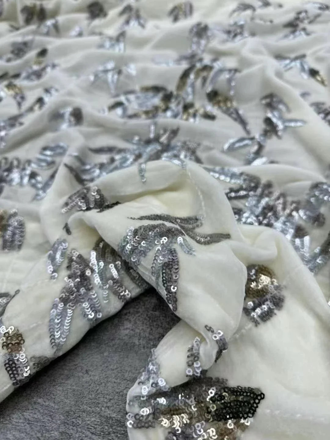 Luxury Pearl Embroidered Velvet Sequin Fabric - Designer Material 130cm Wide