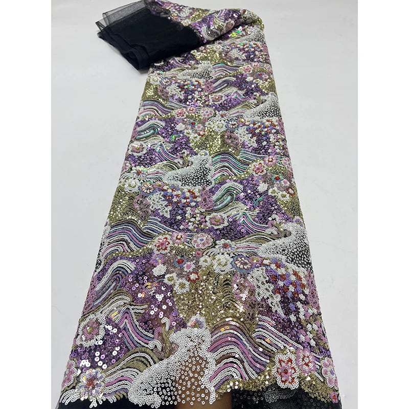 mesh fabric, retro color bead, landscape painting, flower pattern, sequin embroidery fabric, formal dress, qipao dress