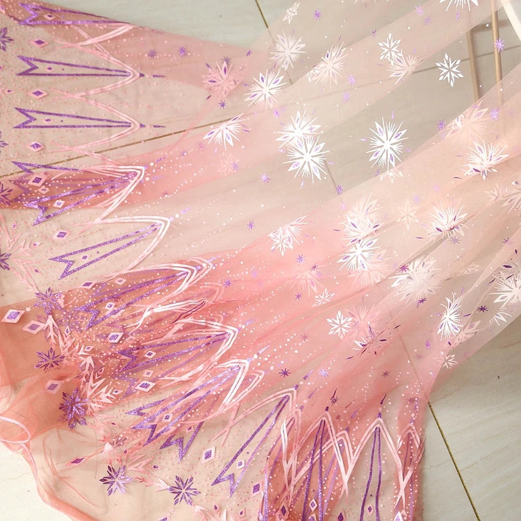 Tela de malla para vestido de Elsa con copos de nieve y hielo en azul oscuro, degradado de doble cara, tela de malla azul claro para vestido de media falda infantil