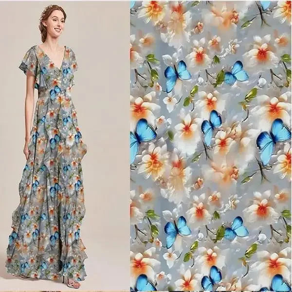 قماش حرير قطني ناعم - طباعة رقمية على شكل فراشة زهرية - 140 سم