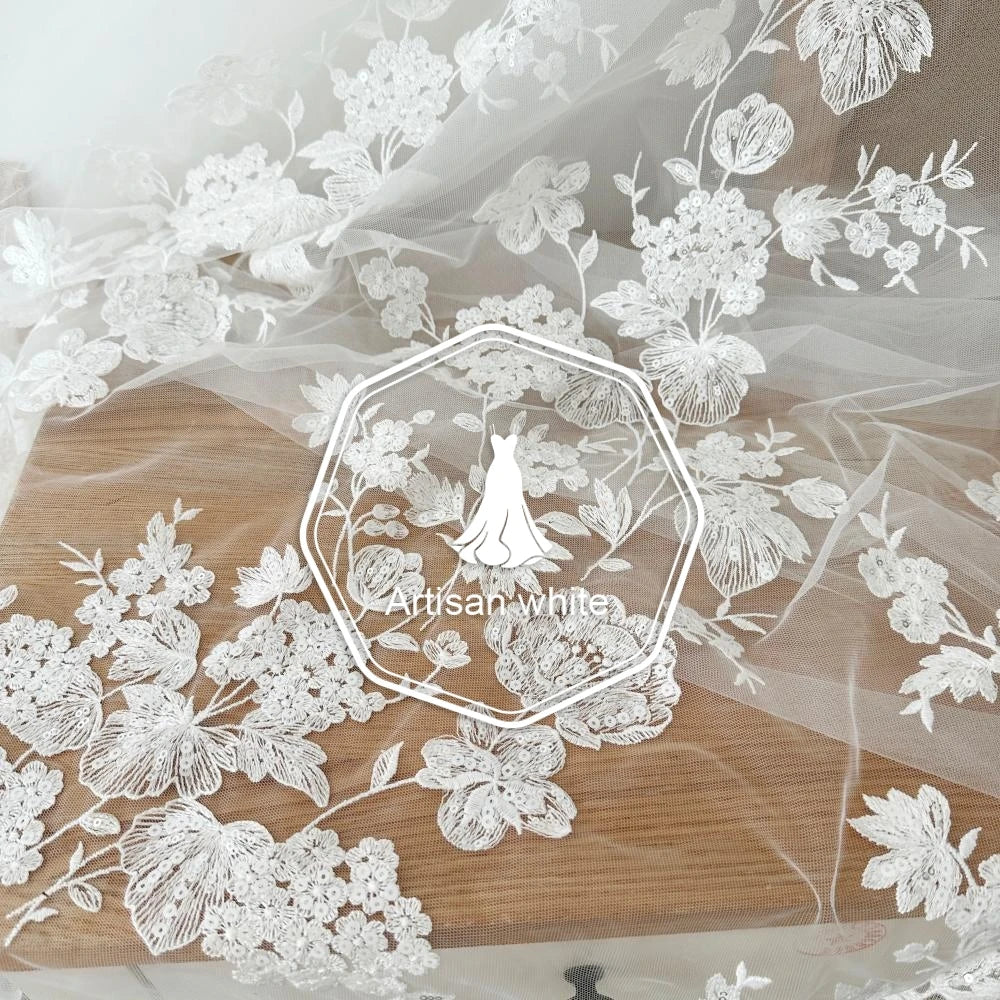 قماش دانتيل مطرز بخيوط قطنية من الترتر البيج مخصص، إكسسوارات دانتيل شبكية، فستان حجاب زفاف، اصنعها بنفسك