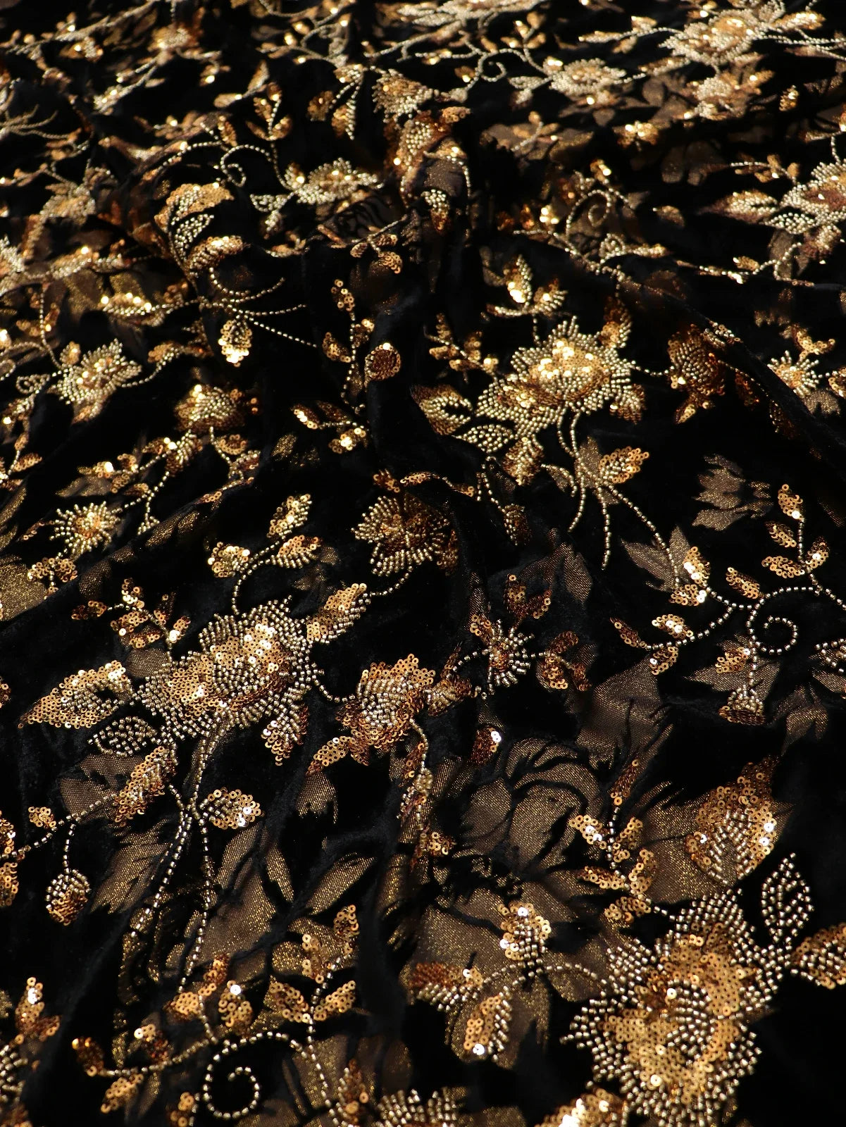 Beaded Embroidered Gold Velvet Sequin Fabric - Luxury Designer Material 140cm