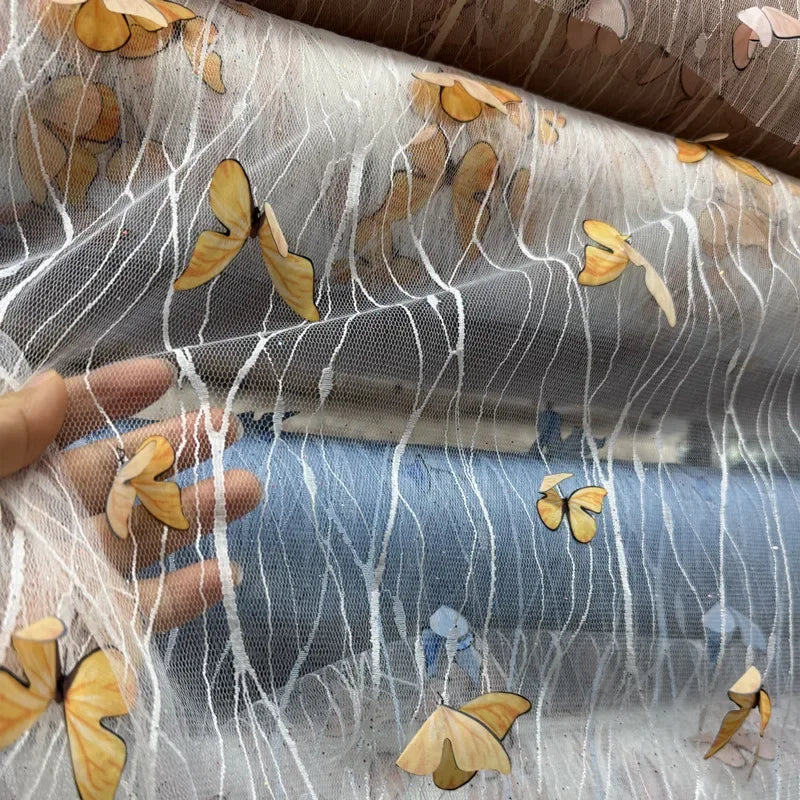 Tela de malla bordada con encaje de mariposa 3D, tela transparente colorida para vestido de novia, velo, decoración de escenario