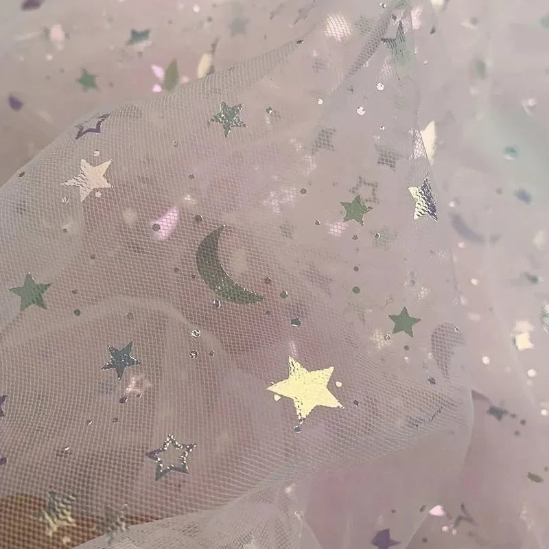 Dreamy Mesh Fabric For Children In Princess Style With Colored Star And Moon Printed Pattern Suitable For Wedding Dress Designer