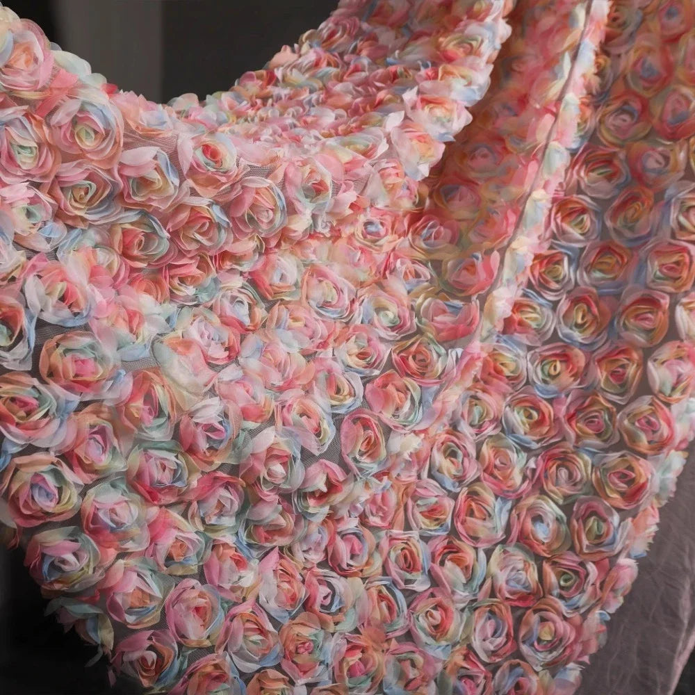 Tela de encaje de malla rosa con flores rosas 3D, semitransparente, bordada para confección creativa, para bodas, moda y manualidades.