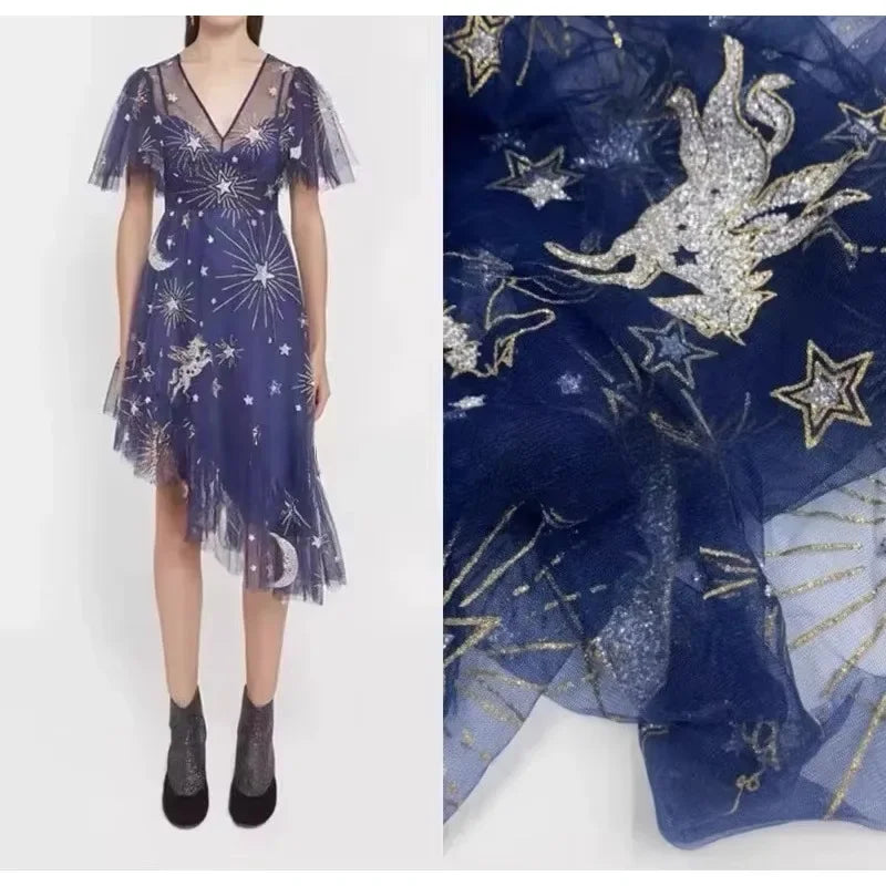 Gold Stars Moon Mesh Fabric - Hot Stamping Celestial Wedding Material 150cm