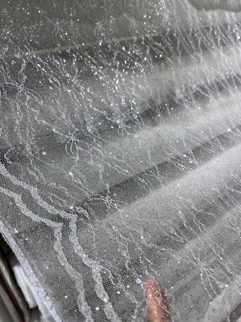 مسحوق الفضة الساخن، رذاذ الفضة، مسحوق بريق ناعم، شبكة بنمط الدانتيل، فستان زفاف، قاعدة، نسيج شبكي شفاف لامع