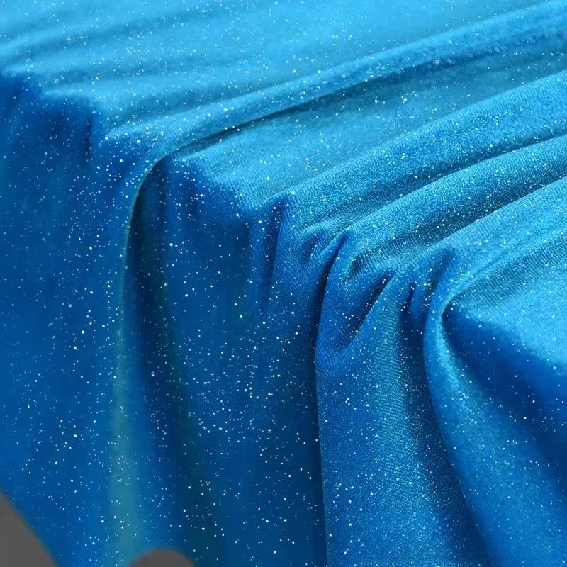 Lake Blue Four Sided Elastic Sparkling Gold Velvet Fabric - Luxurious Material 150cm