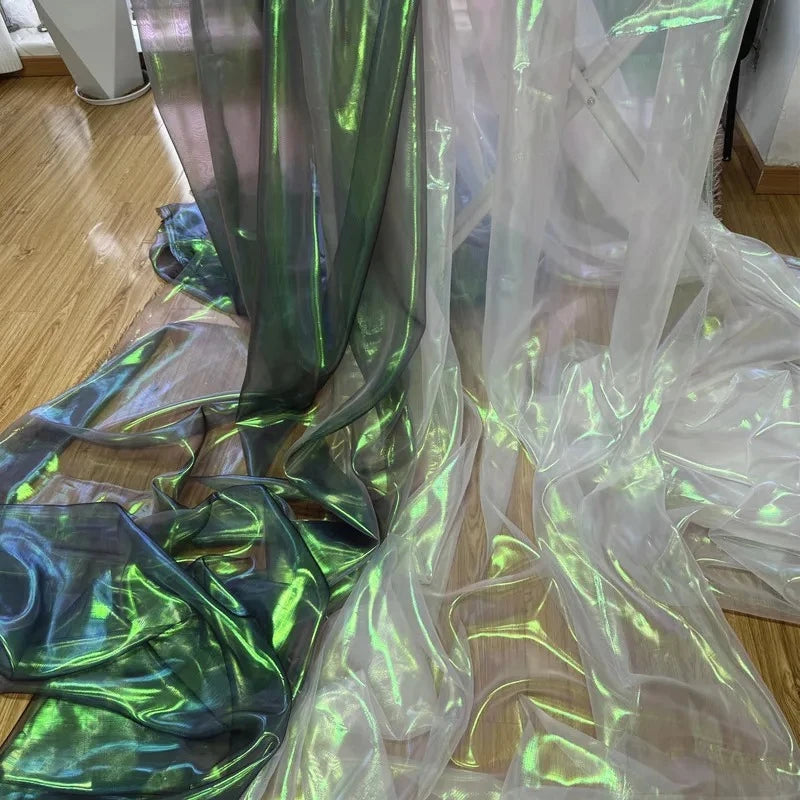 Unique Mermaid Iridescent Gradient Tulle Fabric in Pink Blue Rainbow Sheer Shimmer Textile Bridal Wedding Dress Decoration