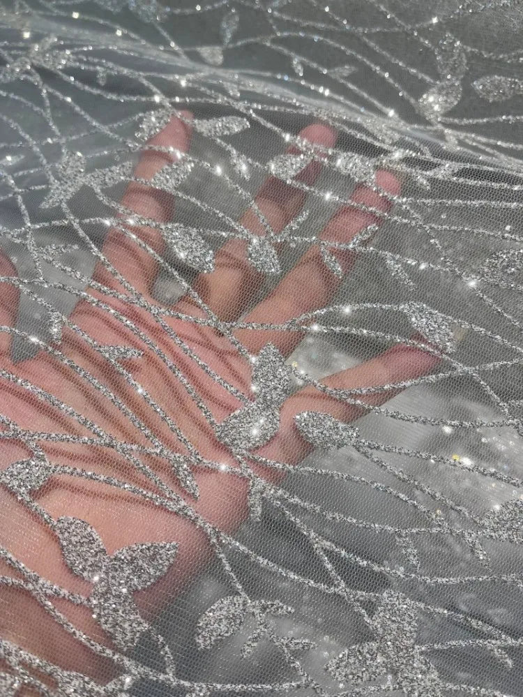 New Shiny Leaf Spray Silver Hot Stamping Transparent Mesh Wedding Dress Fabric Fabric Clothing Accessories