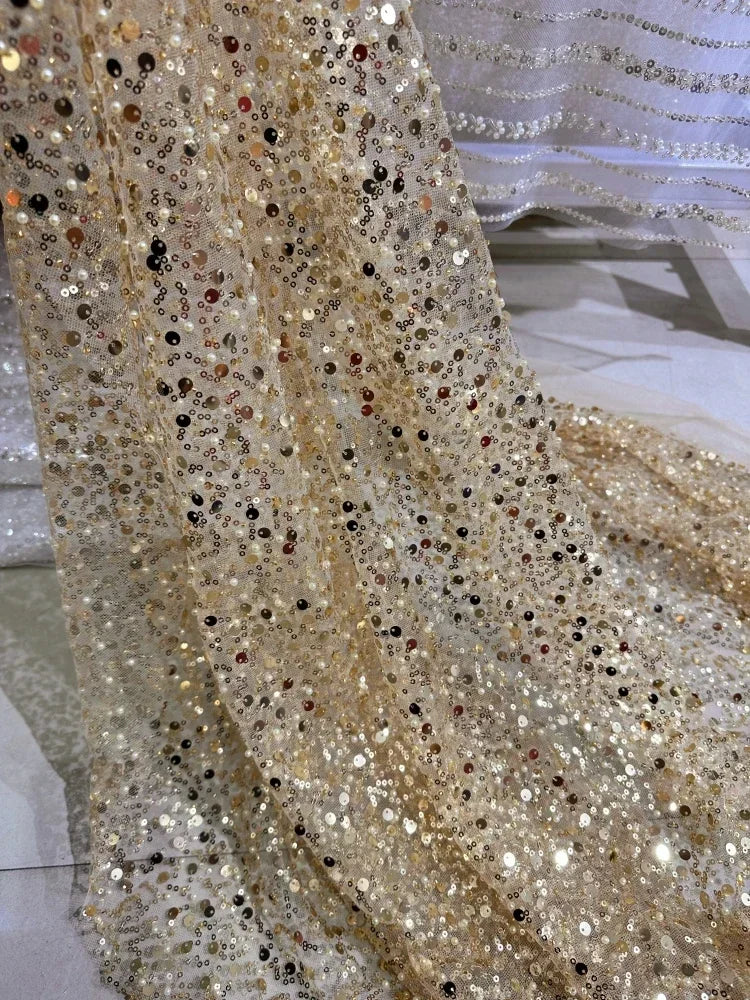 Gold Purple Red Embroidered Sequin Beaded Transparent Mesh - Dress Children's Costume Fabric