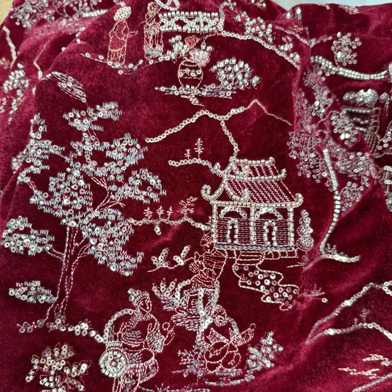 فستان رسمي فاخر من قماش مخملي مطرز بالخرز باللون الأسود والنبيذ الأحمر الفاخر، قماش مخملي ذهبي مطرز
