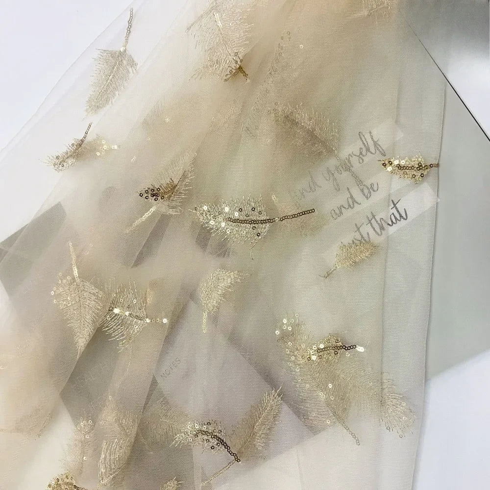 Bead Embroidered Flower Cloth In Stock, Long Spike Champagne Gold Feather Light Childr Gauze Skirt, Lace Mesh Embroidered Fabric