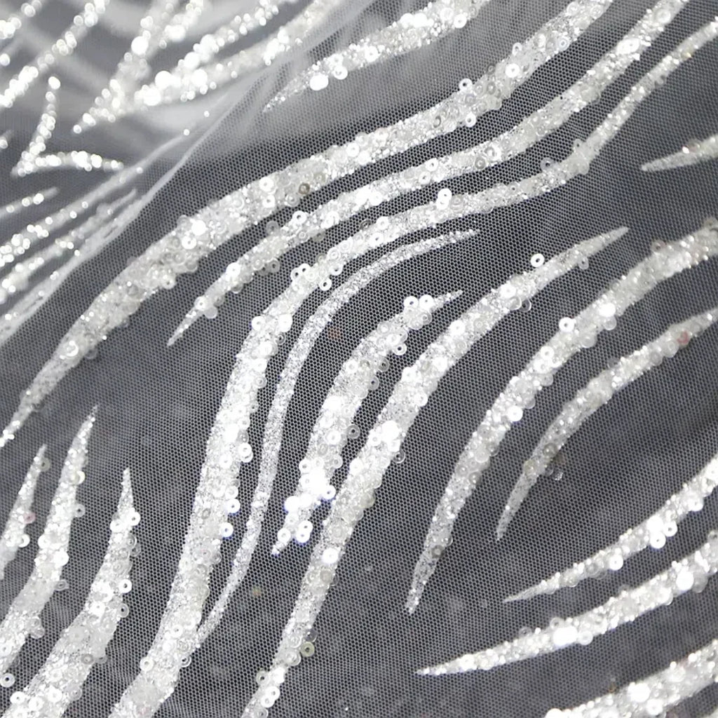 Shining Foil Stamping Spray Wave Glitter Powder Mesh Embroidery Lace Fabric Wedding Dress Handmade Decorative Fabric Material