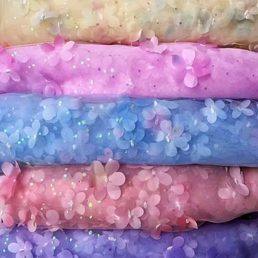 Three-dimensional Embroidery Fabric With Multi-color Gradient Flowers Soft Dress For Children Wedding Dress Formal Wear Fabric