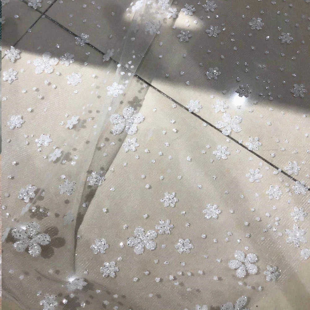 Renewal 3D Snowflake Flower Glitter Silver Spray Transparent Tulle Fabric for Home Decor Wedding Dress Making