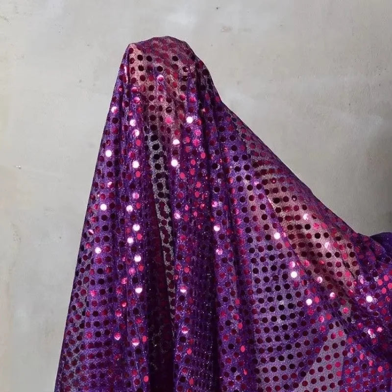 Purple  sequin gold embossed large glitter round bead net fabric for dance costume stage wear doll dress DIY decorative fabric