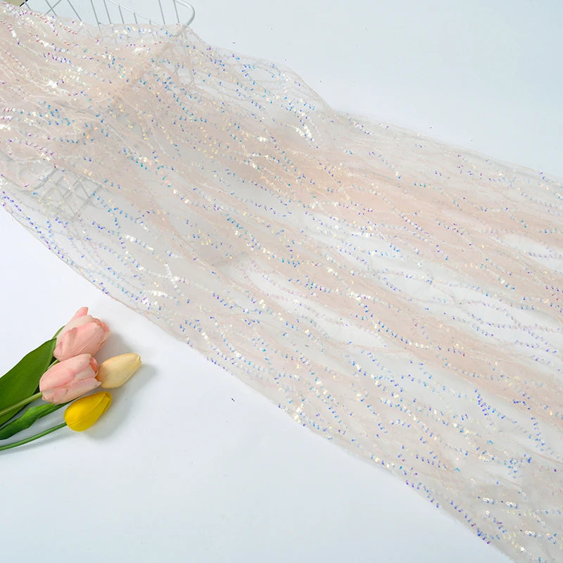 Tela bordada con lentejuelas onduladas, malla ondulada, tela con bordado de cuentas, para vestidos de novia, vestidos y vestuario escénico.