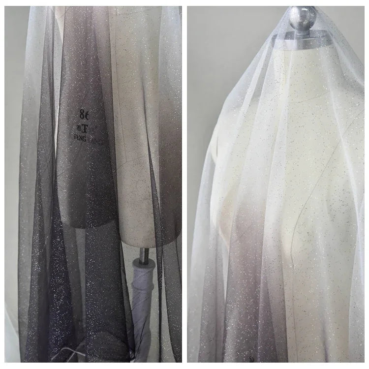 غزل سماء مرصعة بالنجوم متدرج الألوان، ختم ساخن، رش مسحوق، نسيج شبكي لامع ذهبي، غزل شفاف، قماش فستان، قماش