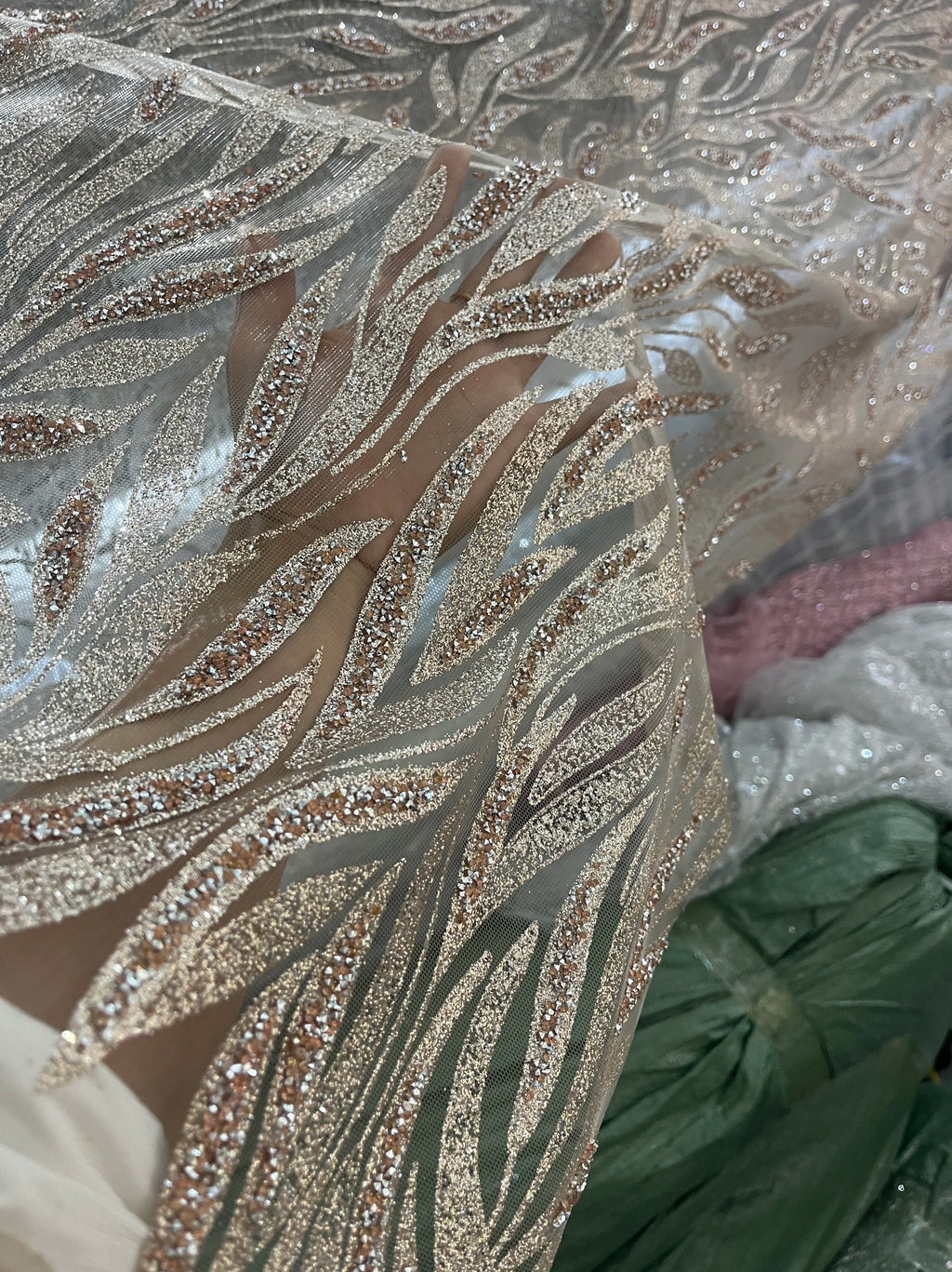 Champagne Colored Hot Pressed Gold Shiny Leaf Shaped Wedding Dress Fabric With Rhinestone Light Coffee Lace Mesh