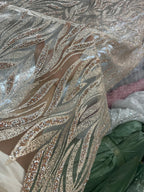 Champagne Colored Hot Pressed Gold Shiny Leaf Shaped Wedding Dress Fabric With Rhinestone Light Coffee Lace Mesh