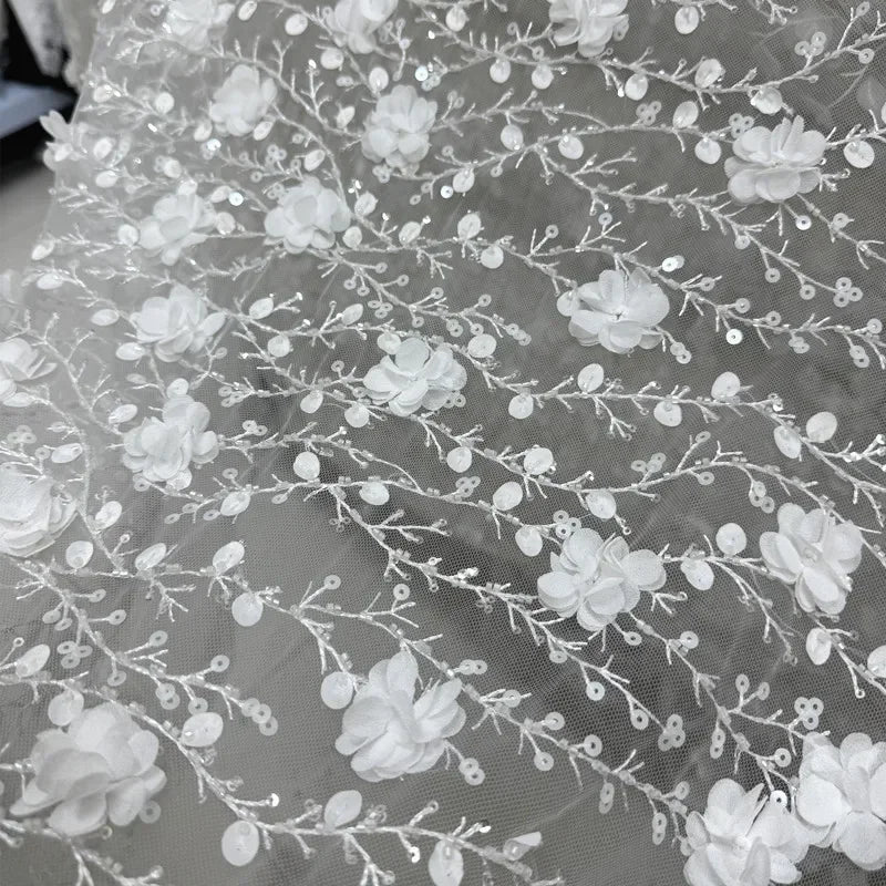 Lace Embroidery Branches Three-dimensional Velvet Flowers Lace Nail Beads Sequins Fabric Sewing Wedding Dresses Andevening Gowns