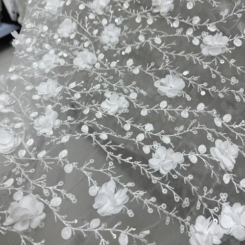 3D Vine Floral Velvet Beaded Lace Fabric for Bridal and Evening Gowns
