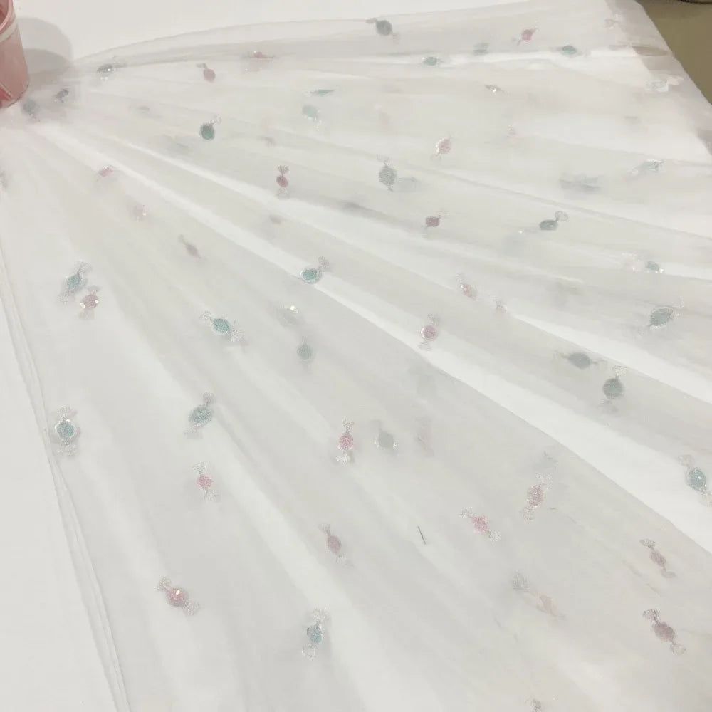 Tela ligera y suave con bordado de cuentas, ropa infantil con dulces frescos y coloridos, accesorios para el cabello, tela de malla de encaje para faldas.
