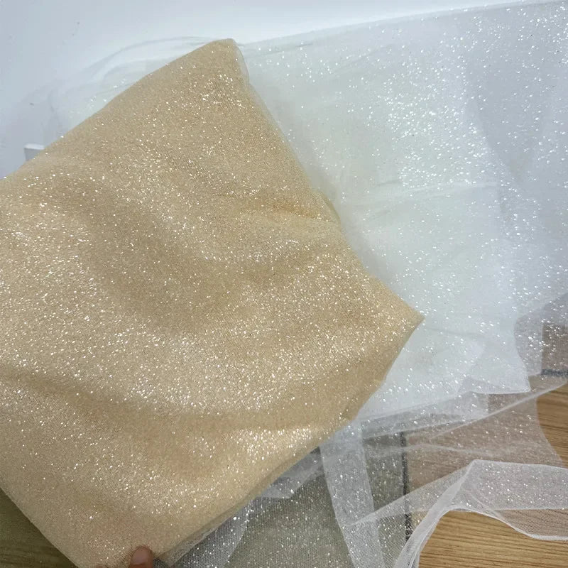 Champagne Foil Stamping Shiny Mesh Fabric - Wedding Dress Material 160cm