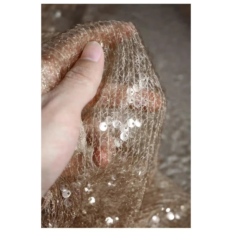 Dense champagne sequin tulle material for formal dresses