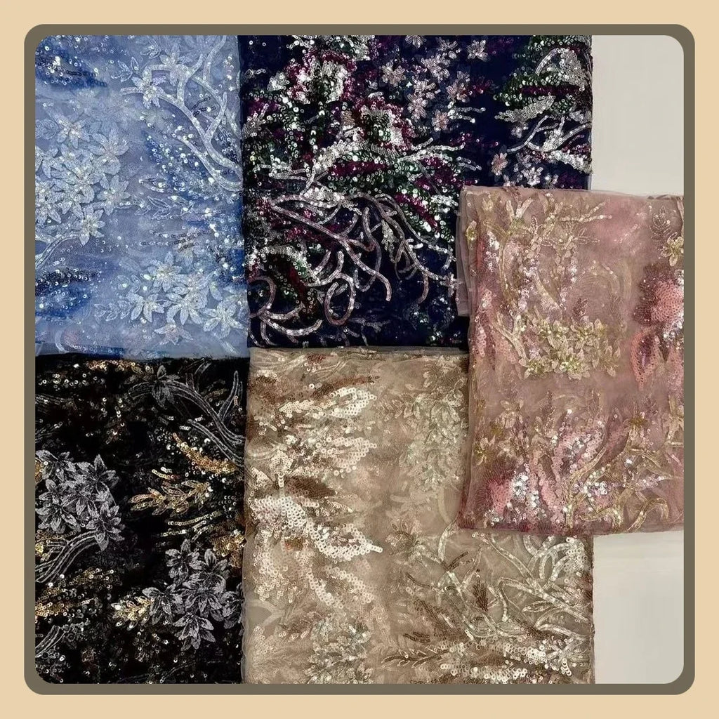 Large Flower Sequin Embroidered Lace - Scalloped Edge Wedding Fabric