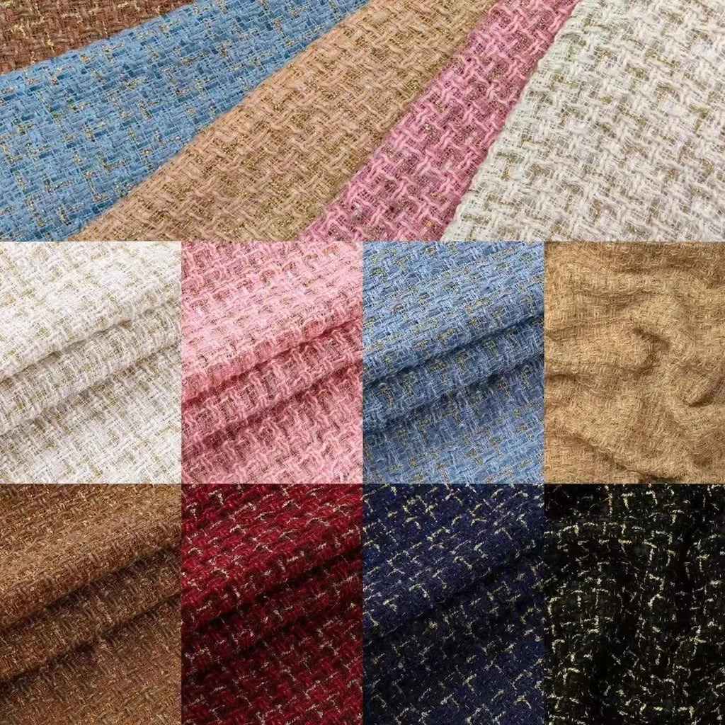 Tejido grueso de estilo pequeño con fragancia, rejilla de alambre dorado, tejido moderno de tweed elástico, tejido artesanal para ropa de mujer.