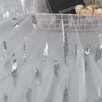 فستان زفاف من الخرز، قماش شبكي مطرز، قماش ترتر متعدد الألوان، فستان زفاف من قماش تطريز، حافة دانتيل بفتحة