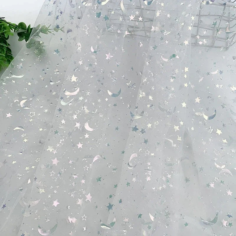 Dreamy Mesh Fabric For Children In Princess Style With Colored Star And Moon Printed Pattern Suitable For Wedding Dress Designer