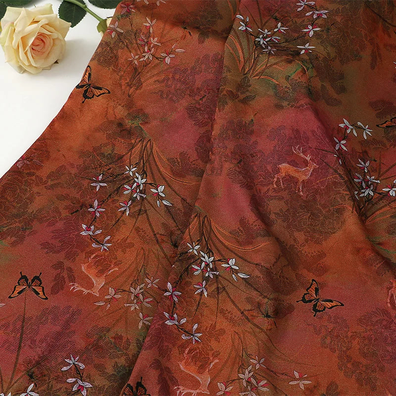 Red Cloud Acetate Jacquard Textile - Soft Breathable Fabric for Cheongsam