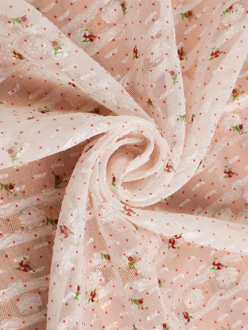 قماش شيفون أورجانزا جاكار دانتيل منقط وردي - مادة شفافة زهرية