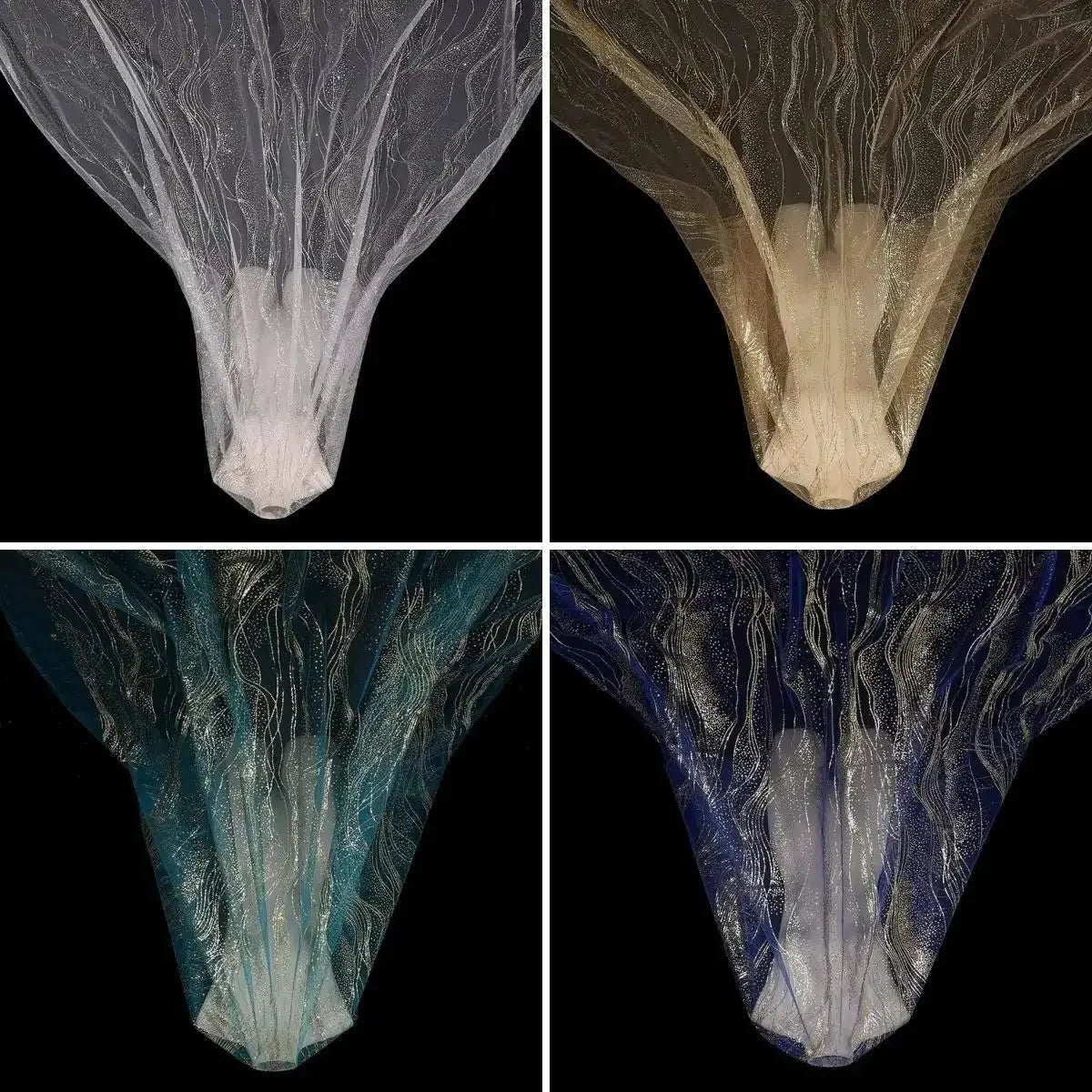 فساتين زفاف بأجنحة مشرقة مزينة بأقمشة حريرية بألوان زاهية وشبكات زينة الزفاف وأقمشة شبكية تشبه الشبكة