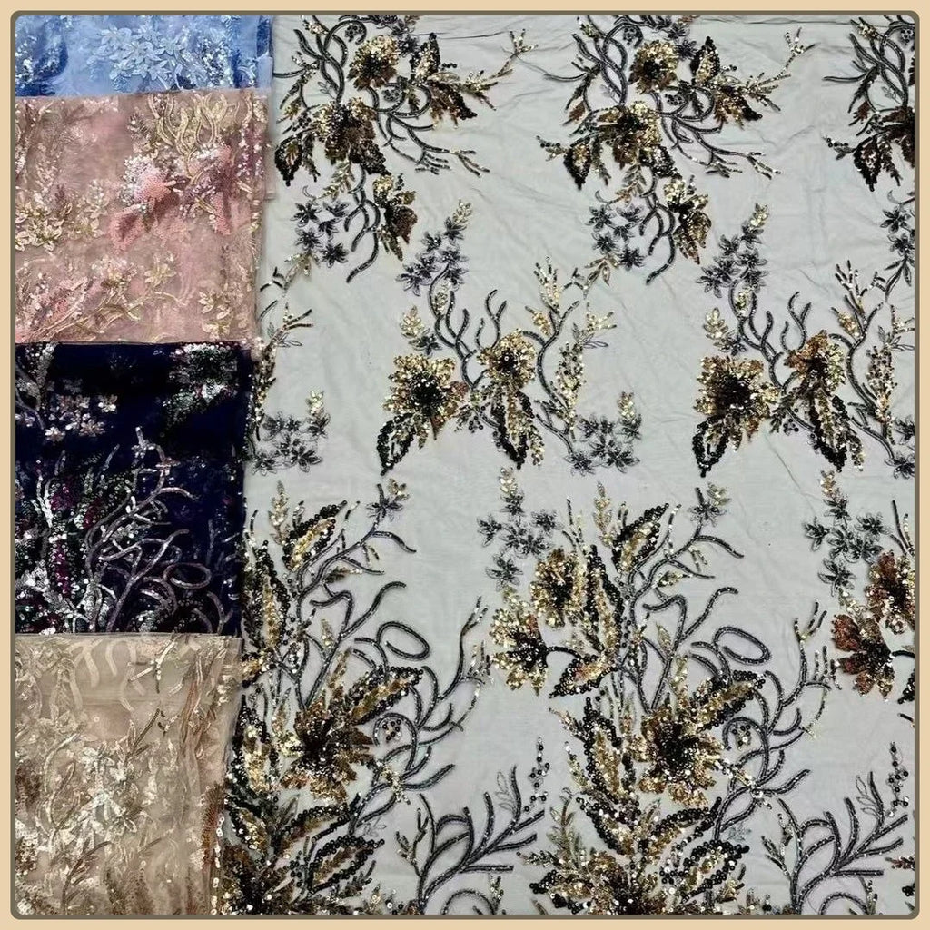 Large Flower Sequin Embroidered Lace - Scalloped Edge Wedding Fabric