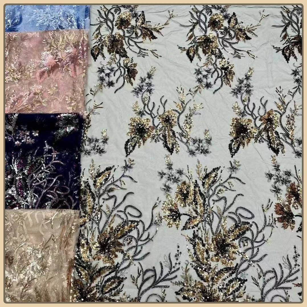 Large Flower Sequin Embroidered Lace - Scalloped Edge Wedding Fabric