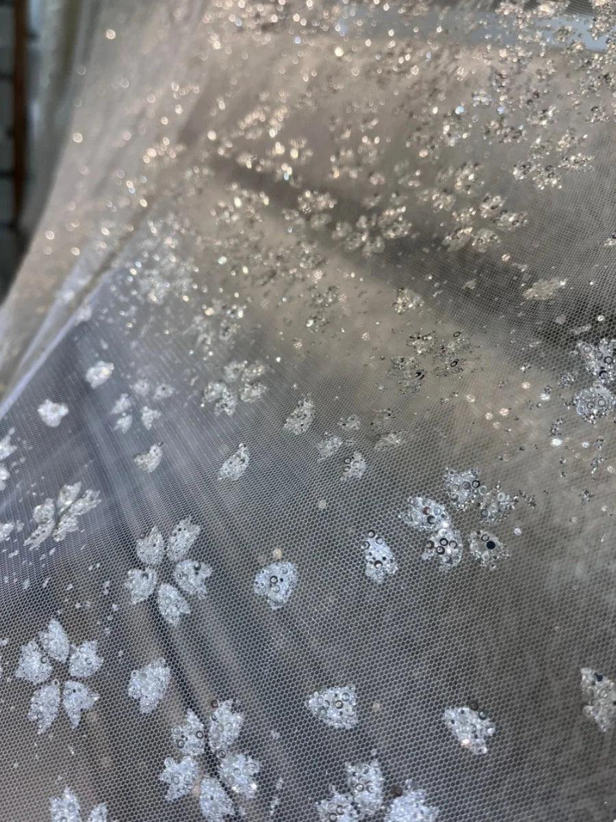 Lentejuelas de cristal de copo de nieve, malla fina transparente brillante, tela para vestidos de bricolaje, tela para vestidos de novia, tela