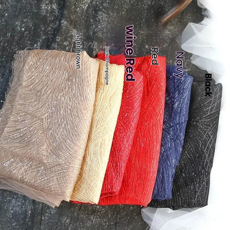 Tela de sarga con bordado aleatorio de encaje y lentejuelas para vestido de novia, hecha a mano, tela decorativa DIY, diseño de graduación, decoración