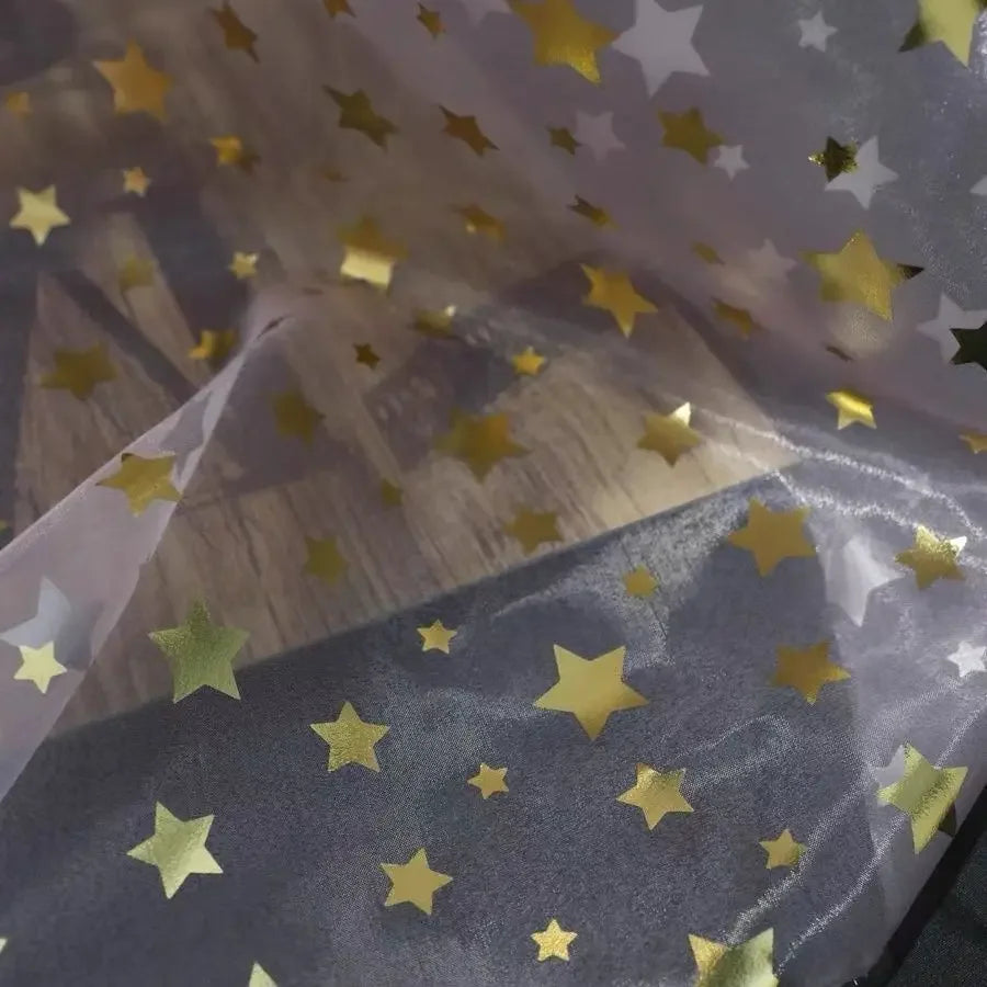 Tela de algodón con estampado de estrellas en relieve dorado y plateado para vestidos, desfiles de moda, faldas mullidas, disfraces, material de costura hecho a mano.
